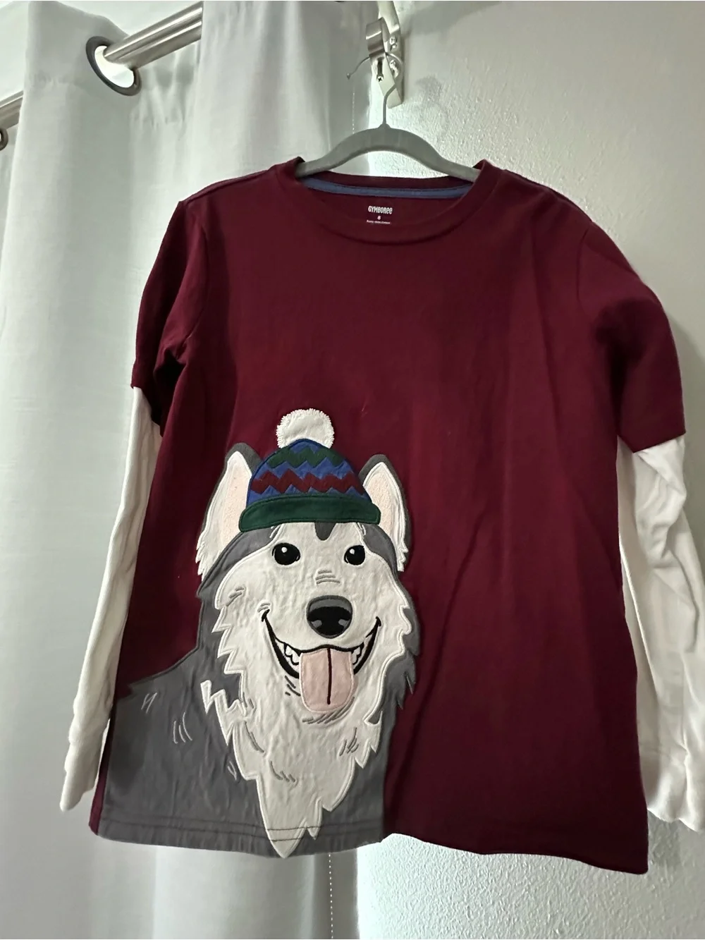 Kids Maroon Husky Gog Aplique Long Sleeve Tee with White Layered Sleeves